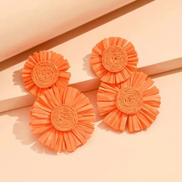 Orange Floral Raffia Straw Statement Earrings Summer Colourful Flowers Long Post - Picture 1 of 2
